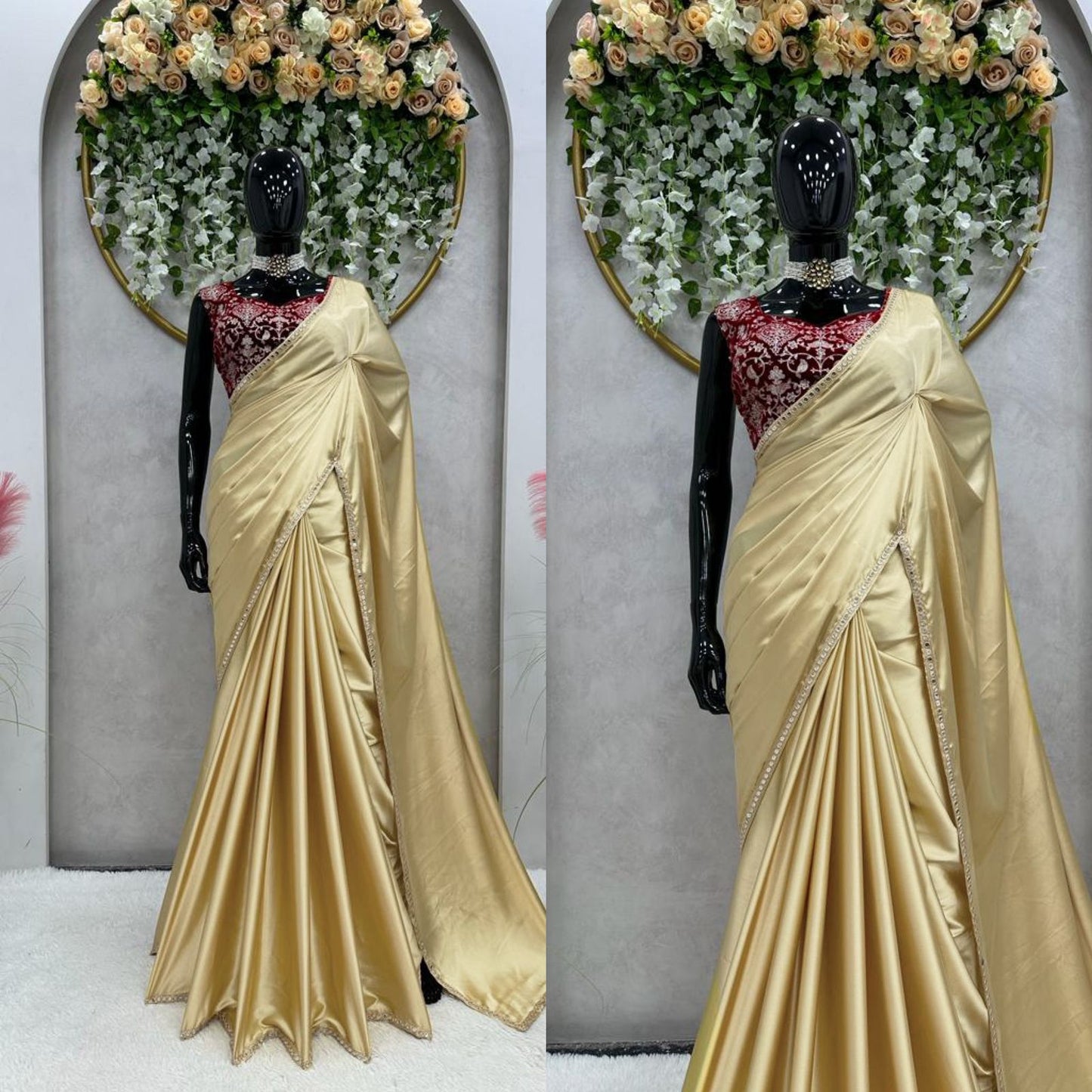 Designer Saree On Japan Satin with work and Blouse on Velvet Fabric With Thread work