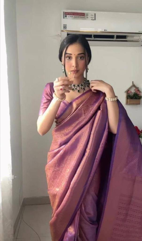 Elegant Purple Color Cotton Silk Weaving Work Wedding Wear Saree Blouse