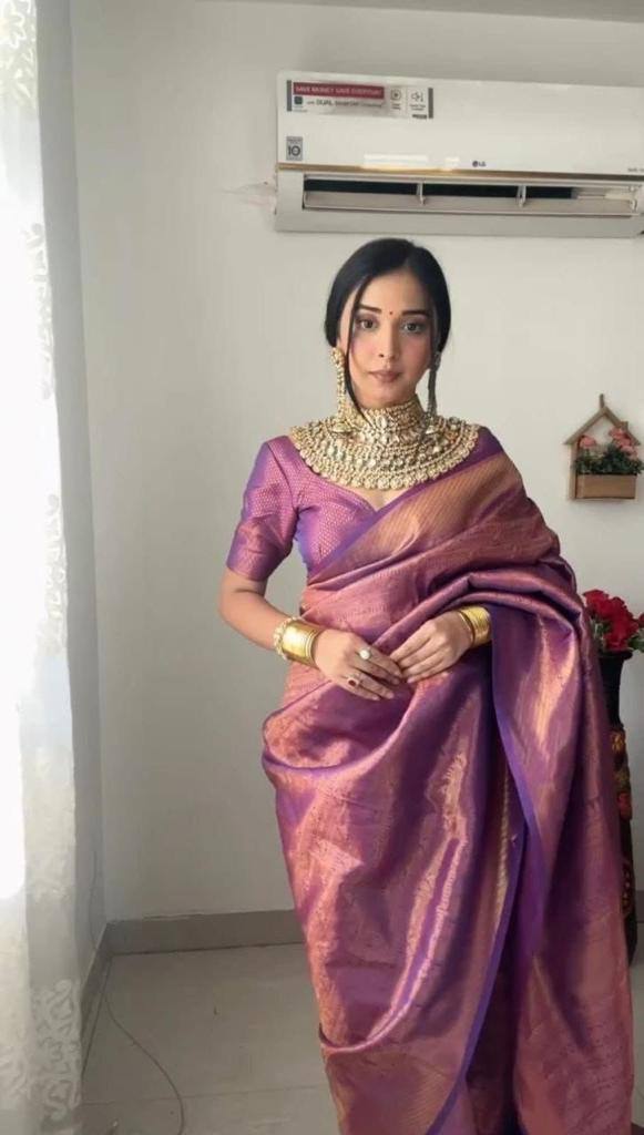 Elegant Purple Color Cotton Silk Weaving Work Wedding Wear Saree Blouse