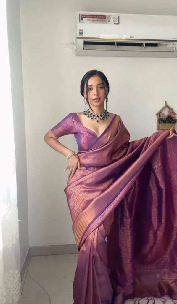 Elegant Purple Color Cotton Silk Weaving Work Wedding Wear Saree Blouse