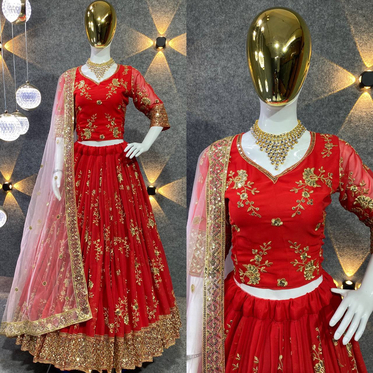 Red Color Georgette Sequence Zari Work Wedding Wear Lehenga Choli