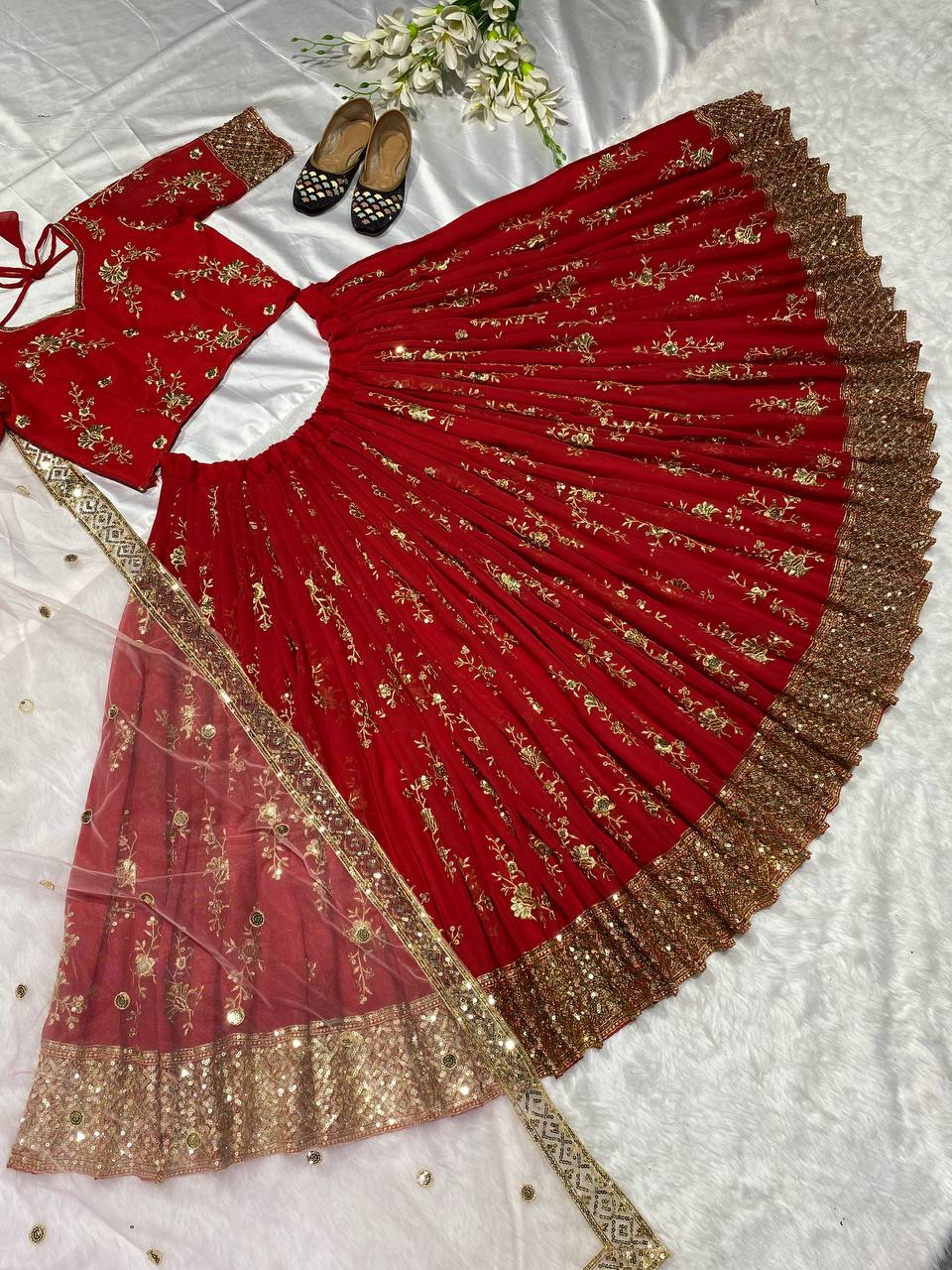 Red Color Georgette Sequence Zari Work Wedding Wear Lehenga Choli