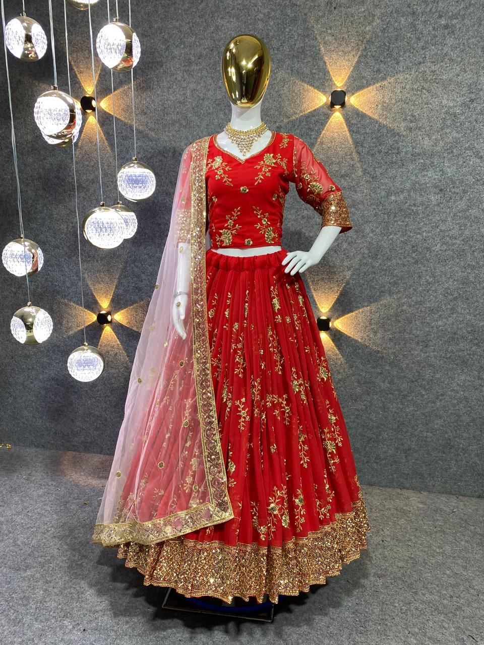 Red Color Georgette Sequence Zari Work Wedding Wear Lehenga Choli