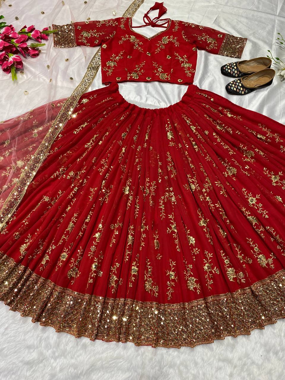 Red Color Georgette Sequence Zari Work Wedding Wear Lehenga Choli