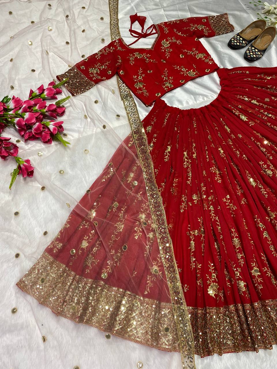 Red Color Georgette Sequence Zari Work Wedding Wear Lehenga Choli