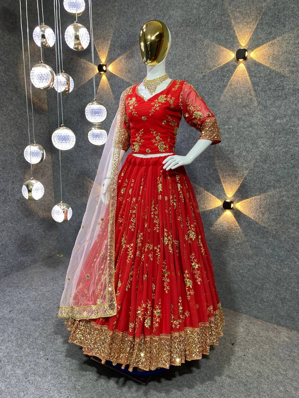 Red Color Georgette Sequence Zari Work Wedding Wear Lehenga Choli