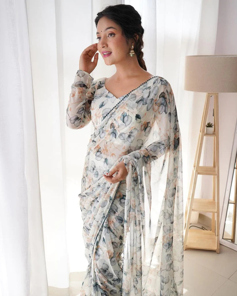 Tebi Silk Organza with Beautiful Digital printed Saree with Border Lace Fitting Full Stitch Ready to wear Saree