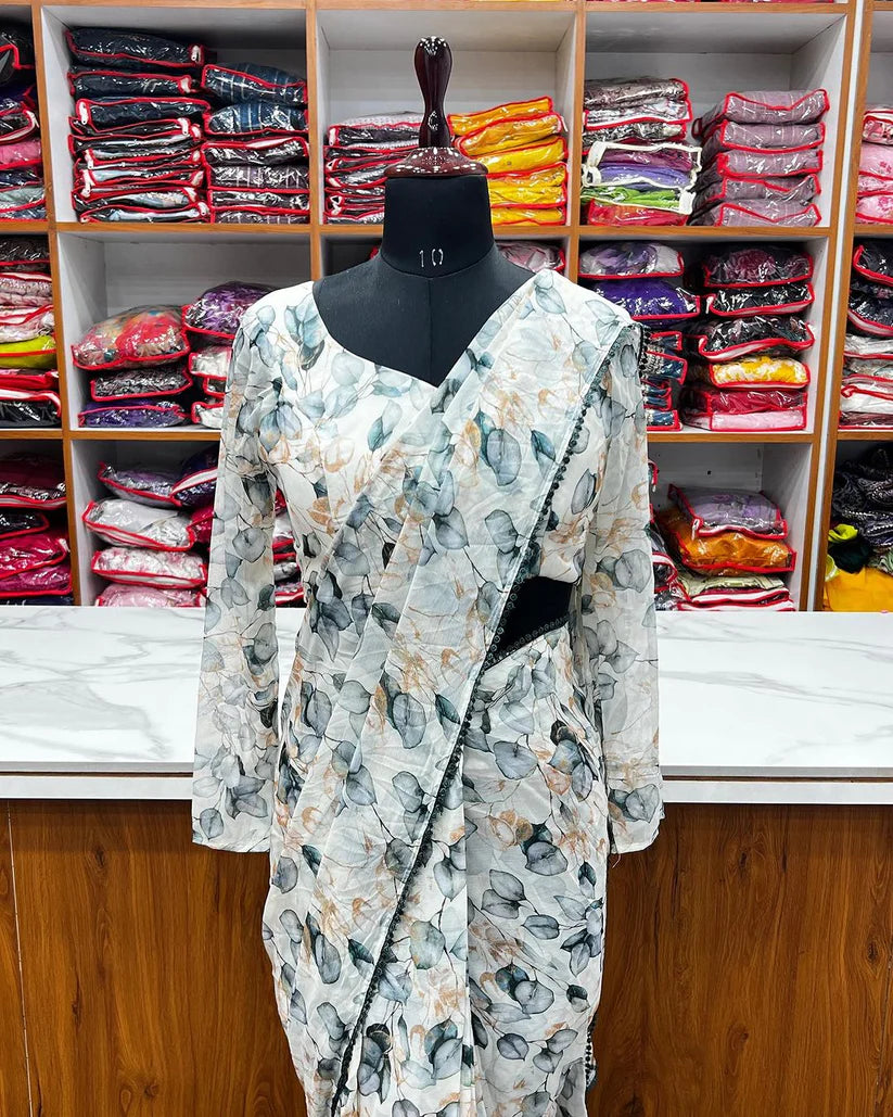 Tebi Silk Organza with Beautiful Digital printed Saree with Border Lace Fitting Full Stitch Ready to wear Saree