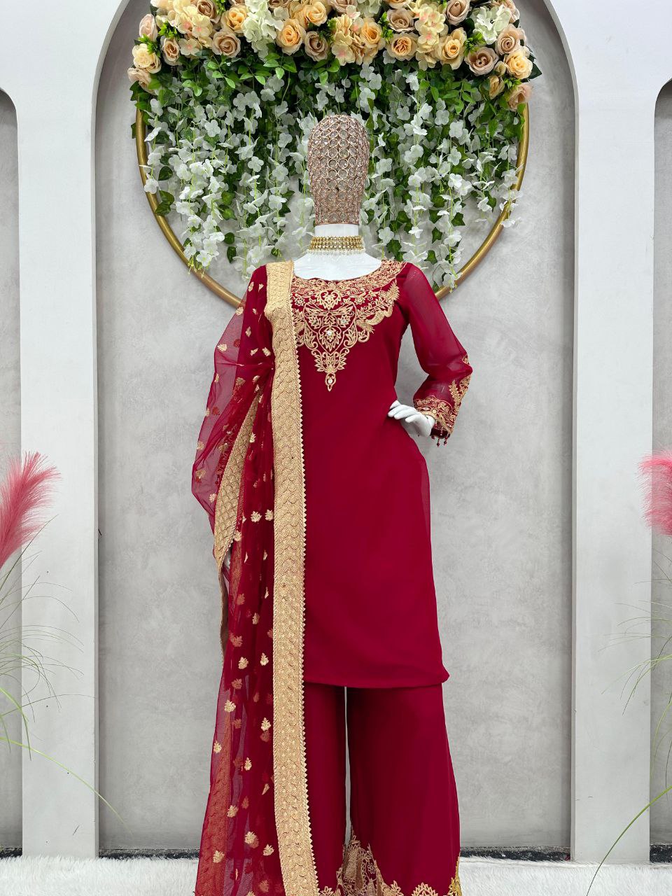 Beautiful Pakistani Embroidered Cherry Red Color 3 Pc Kurta & Palazzo set