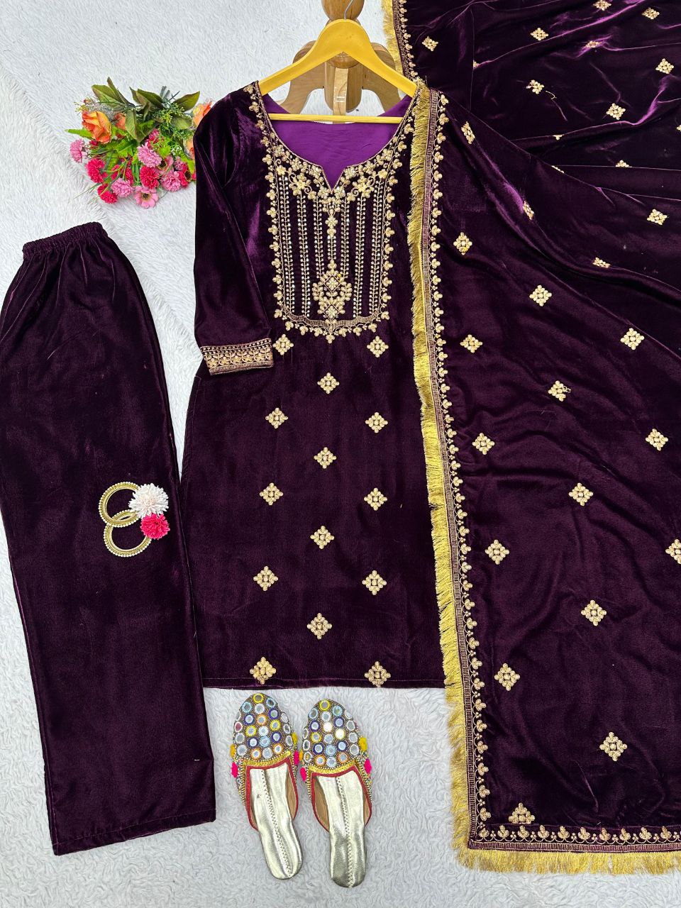 Beautiful Wine Color Heavy Velvet Thread Sequence Work Salwar Suit