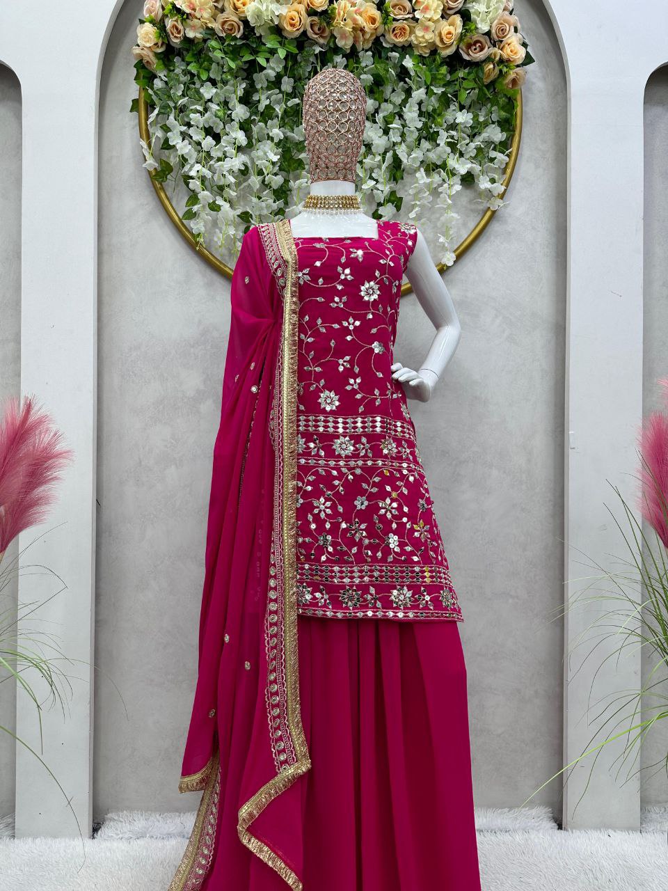 Beautiful Pink Color Georgette Embroidery Palazzo  Salwar Suit