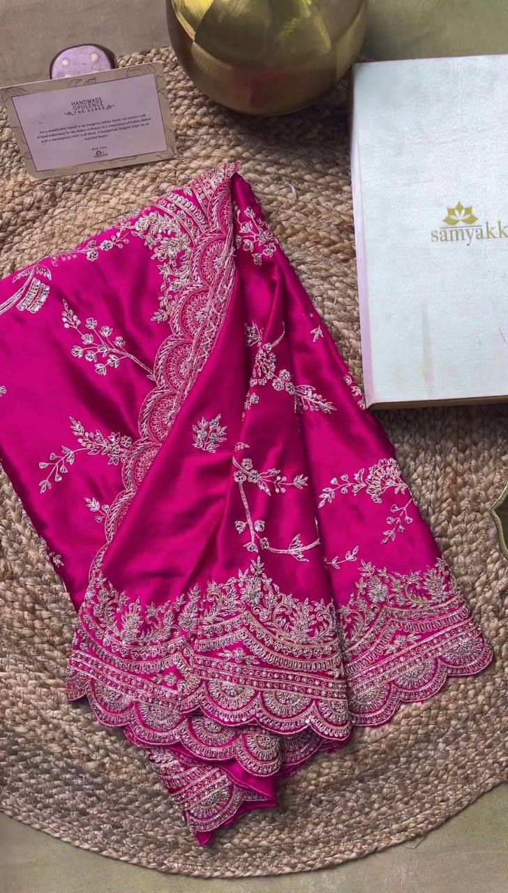 Pink Color Sequence Work Japan Satin Wedding Wear Saree Blouse