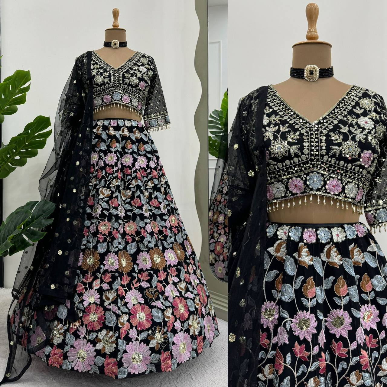 Black Color Wedding Wear Georgette Sequence Work Lehenga Choli