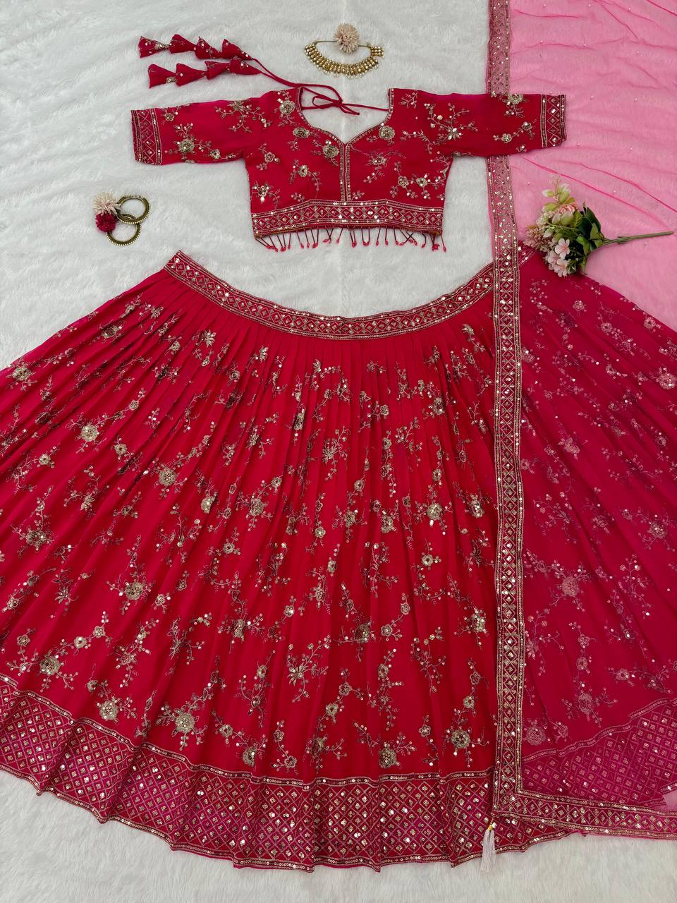 Wedding Wear Red Color Georgette Thread Sequence Work Lehenga Choli