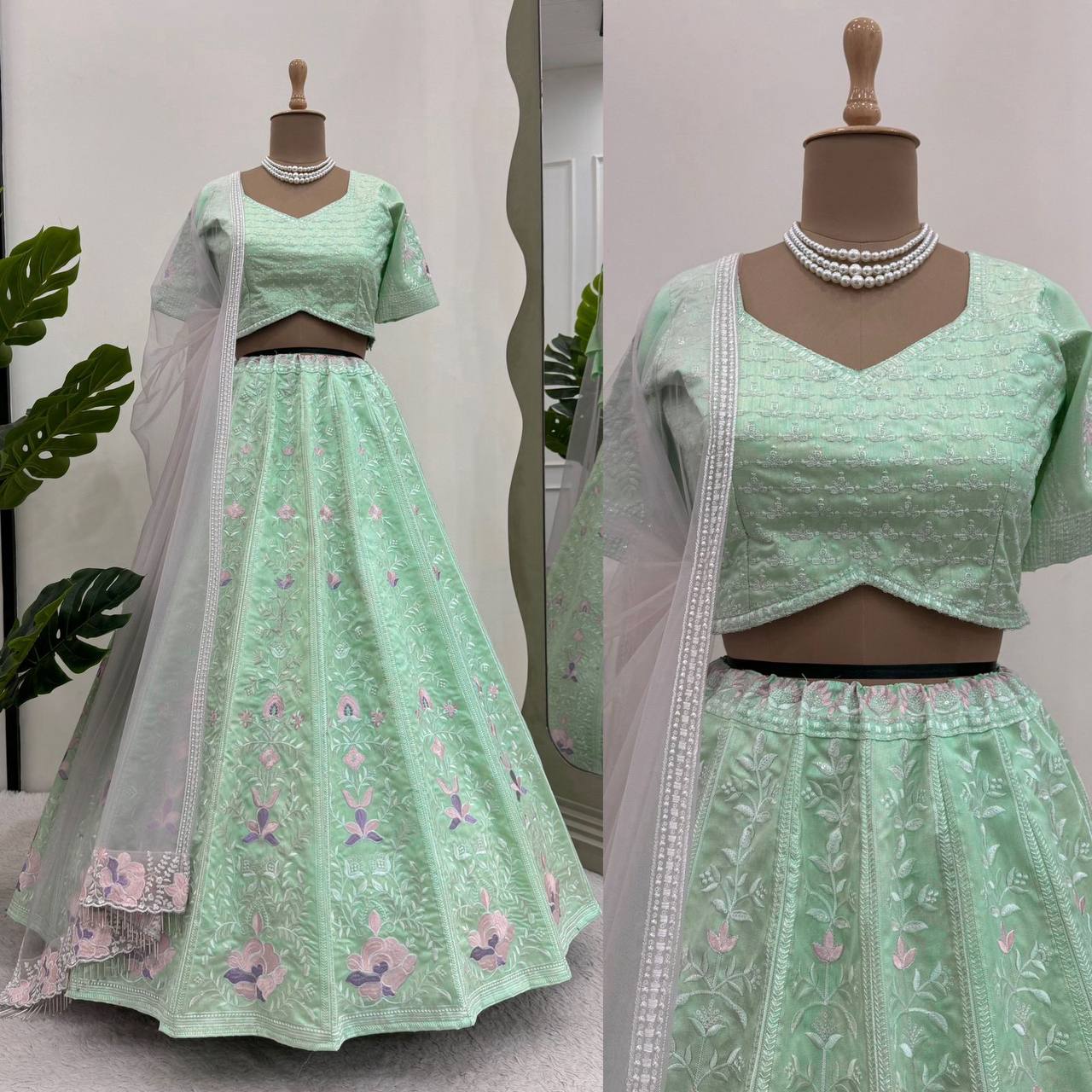 Latest Sea Green Color Mono Banglori Sequence Work Lehenga Choli