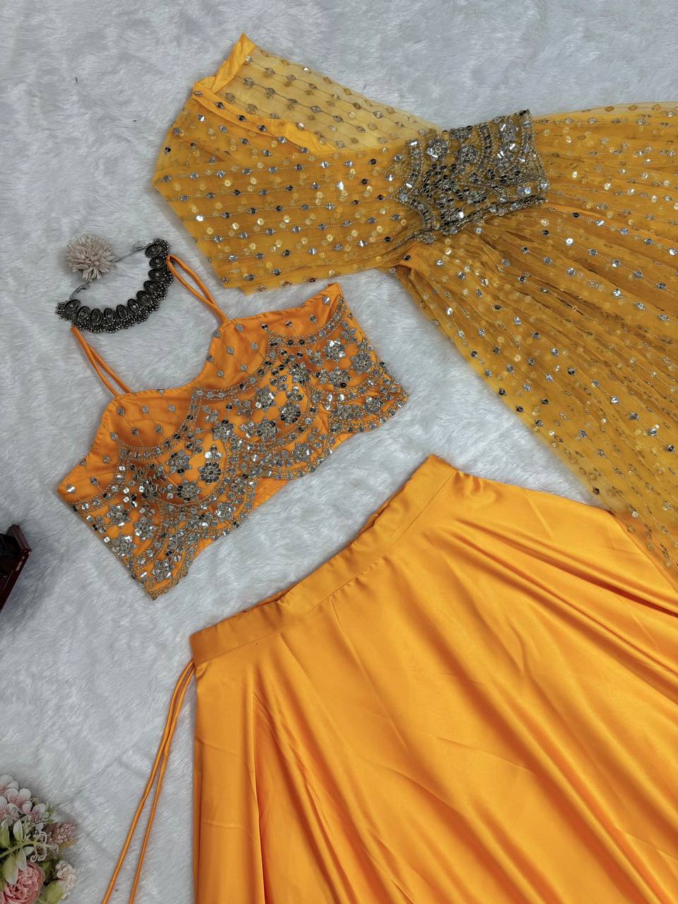 Amazing Yellow Color Sequence Work Japan Satin Lehenga Choli With Koti