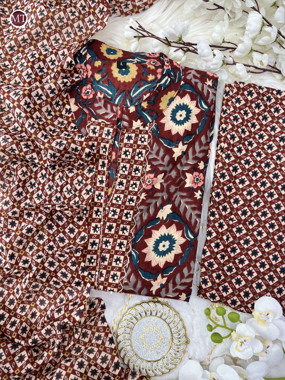 Maroon Color Cotton Printed Hand Work Salwar Suit