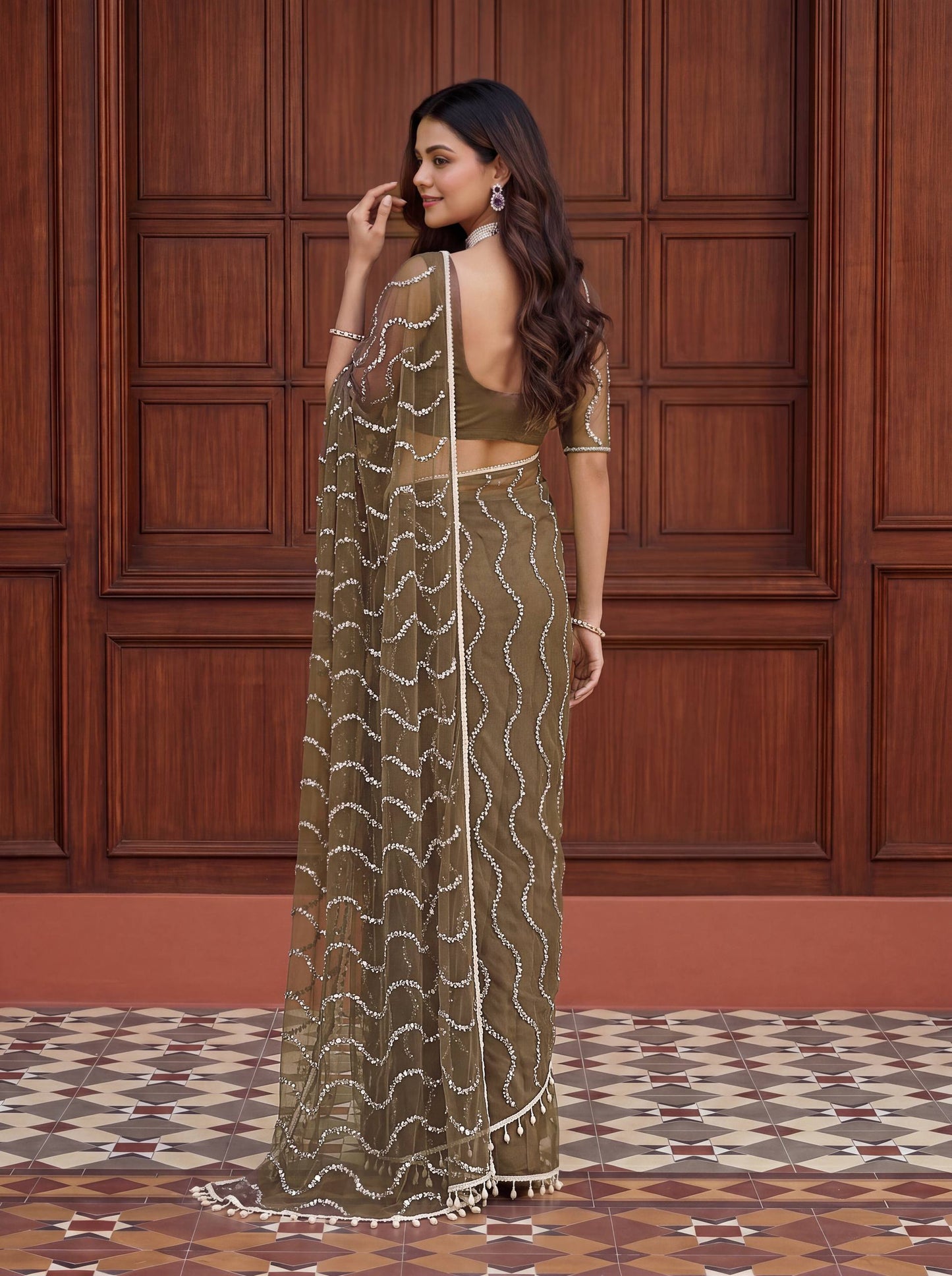 Designer Net Embroidered Saree with Beads Sequins & Pearl Work
