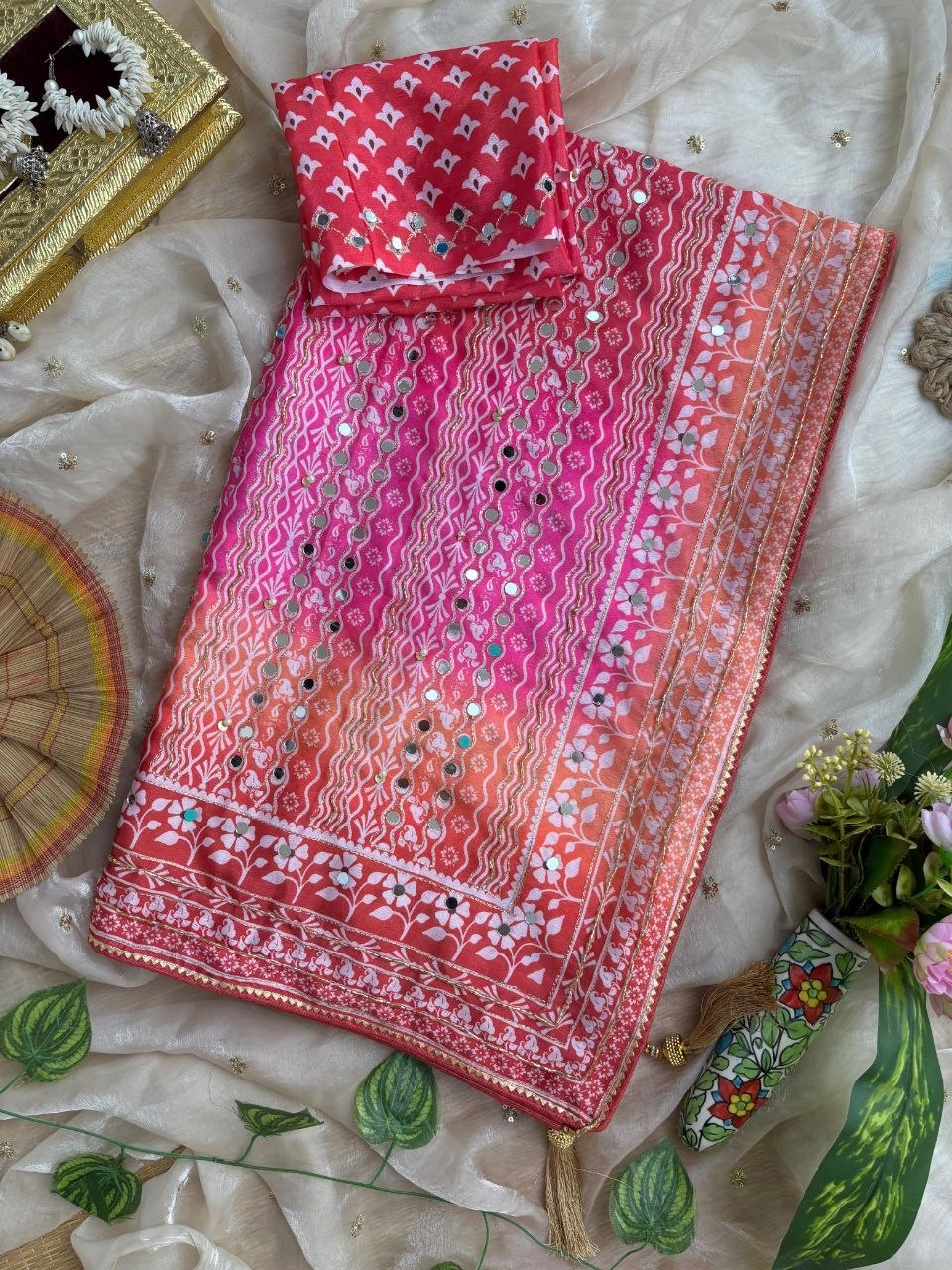 Soft Chinon Silk Designer Saree Mirror work and Hand Aari Work