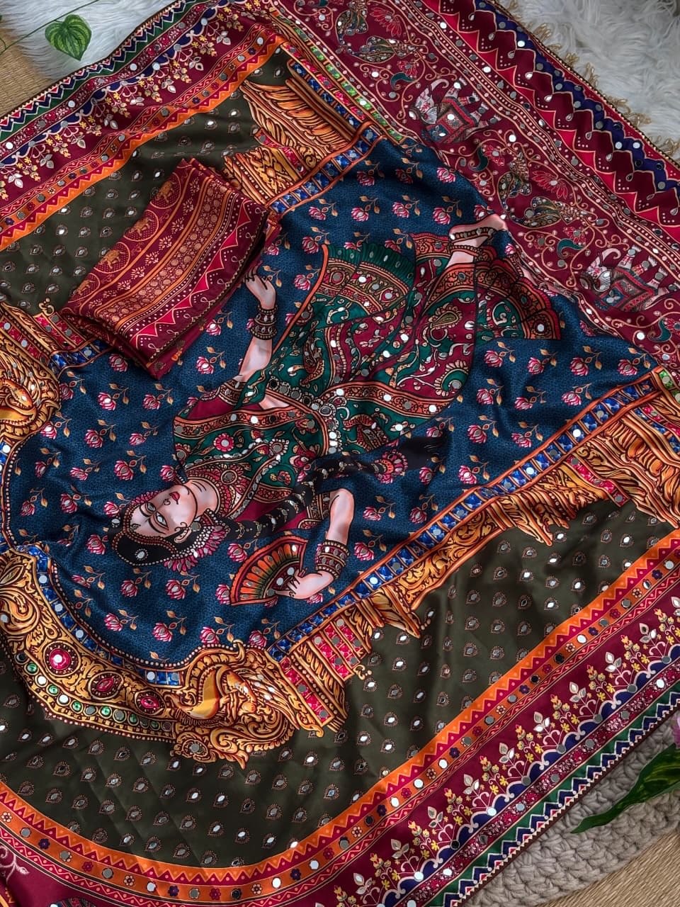 Rashmika Elegant Rich Look Silk Crep Print Mirror Work Saree