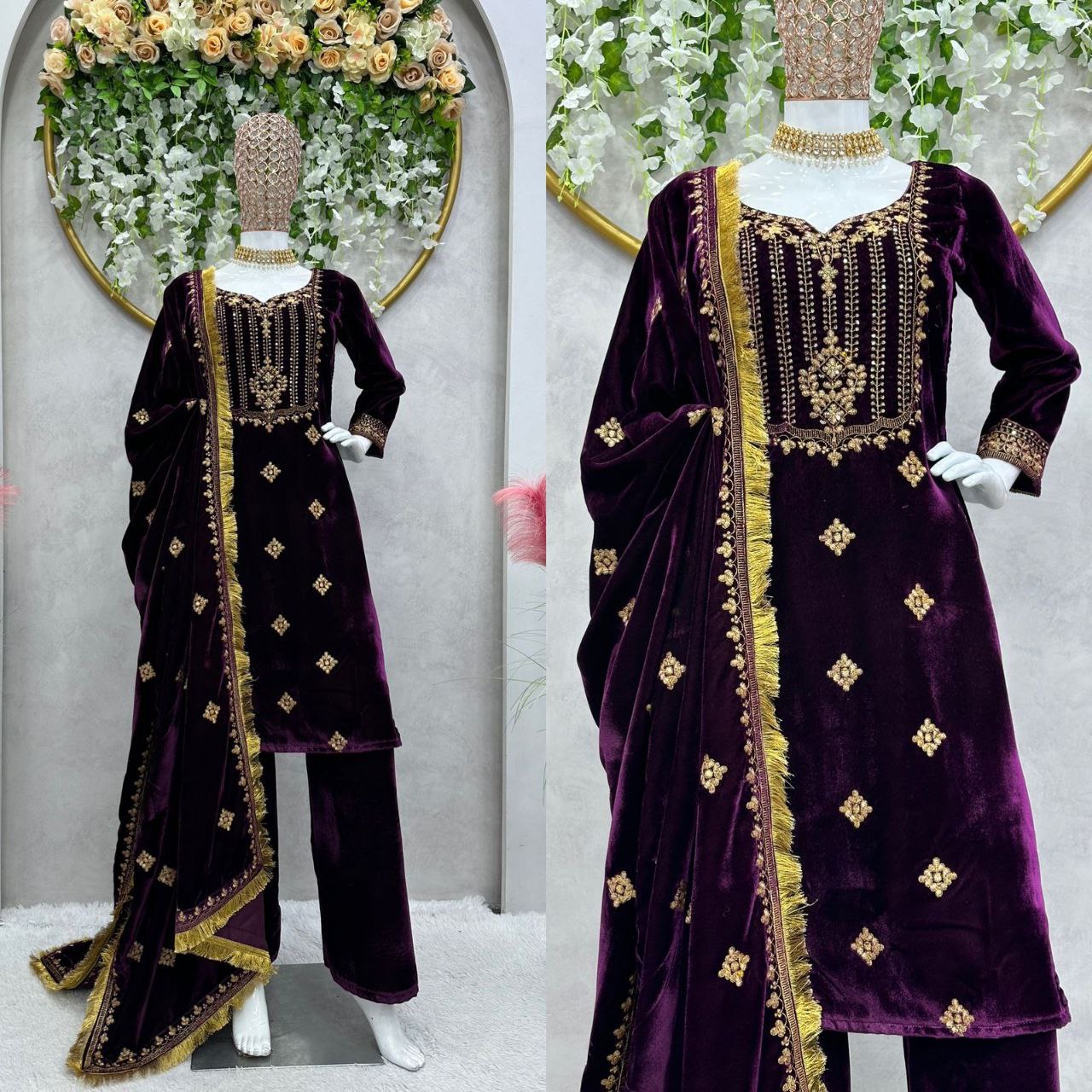 Beautiful Wine Color Heavy Velvet Thread Sequence Work Salwar Suit