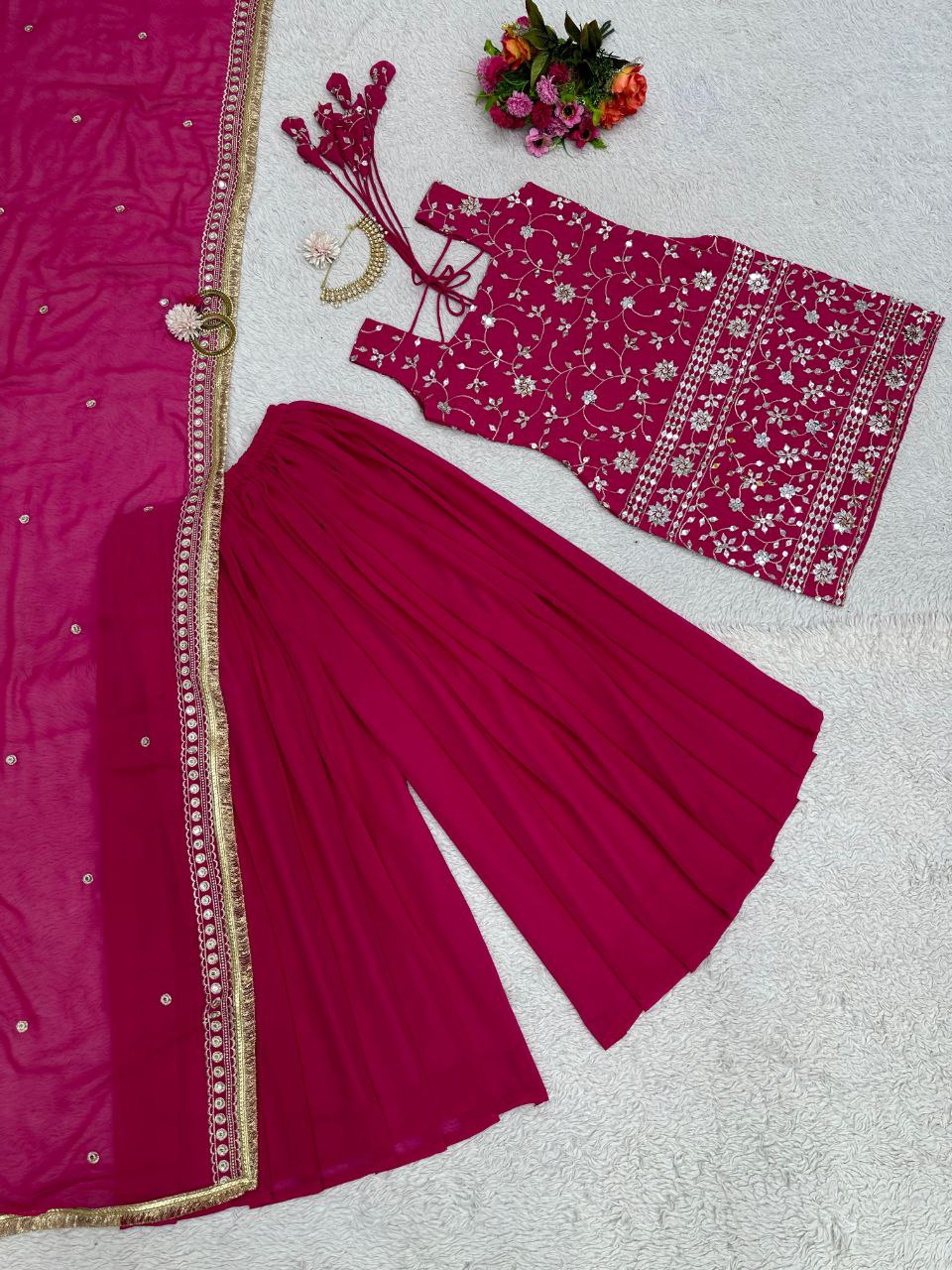 Beautiful Pink Color Georgette Embroidery Palazzo  Salwar Suit
