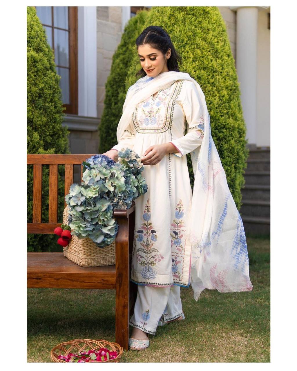 Desirable Fancy Georgette Embroidered Work Top And Pent With Dupatta