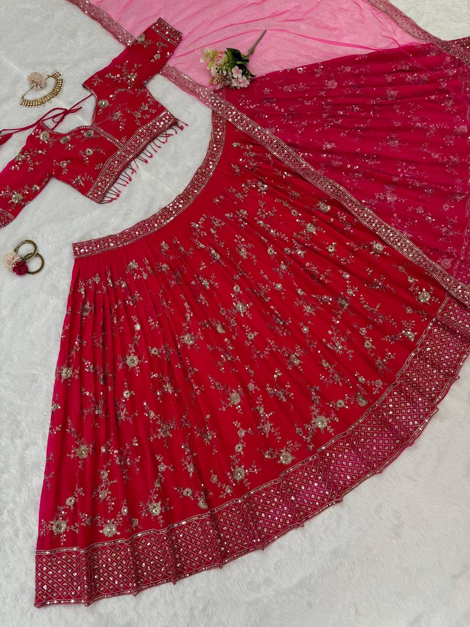 Wedding Wear Red Color Georgette Thread Sequence Work Lehenga Choli