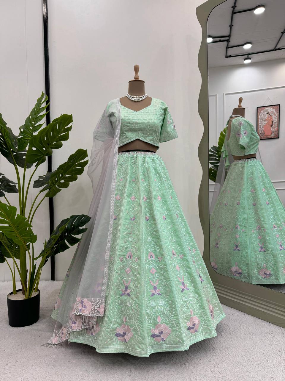 Latest Sea Green Color Mono Banglori Sequence Work Lehenga Choli