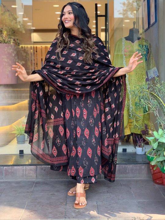 Black Color Cotton Embroidery Printed Work Salwar Suit For Women