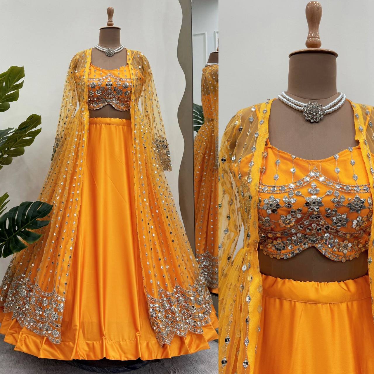 Amazing Yellow Color Sequence Work Japan Satin Lehenga Choli With Koti