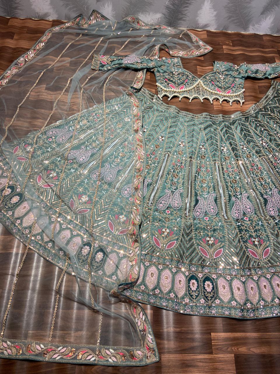 Sea Green Color Embroidered Pearl Kasturi Silk Lehenga Choli