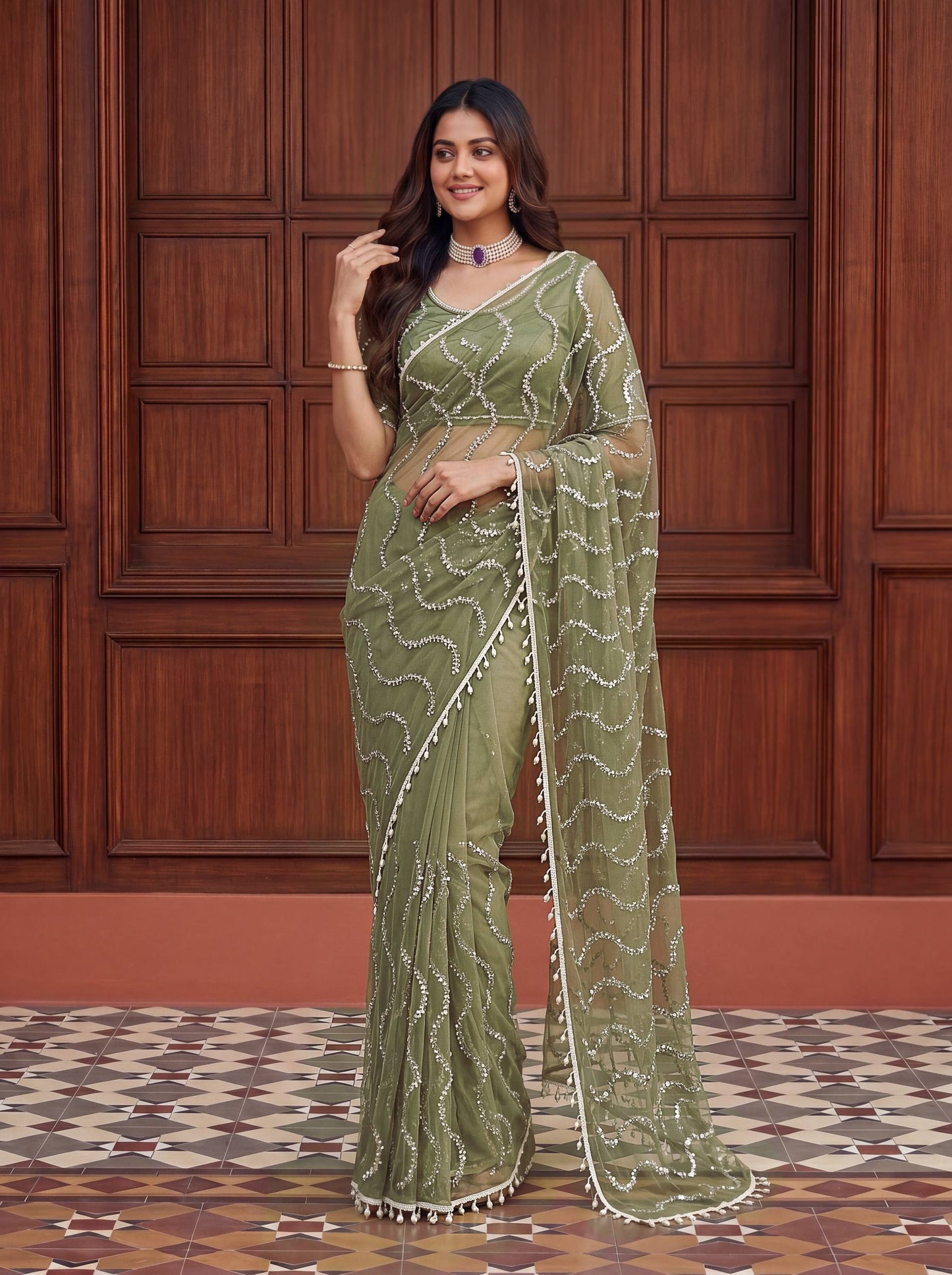 Designer Net Embroidered Saree with Beads Sequins & Pearl Work