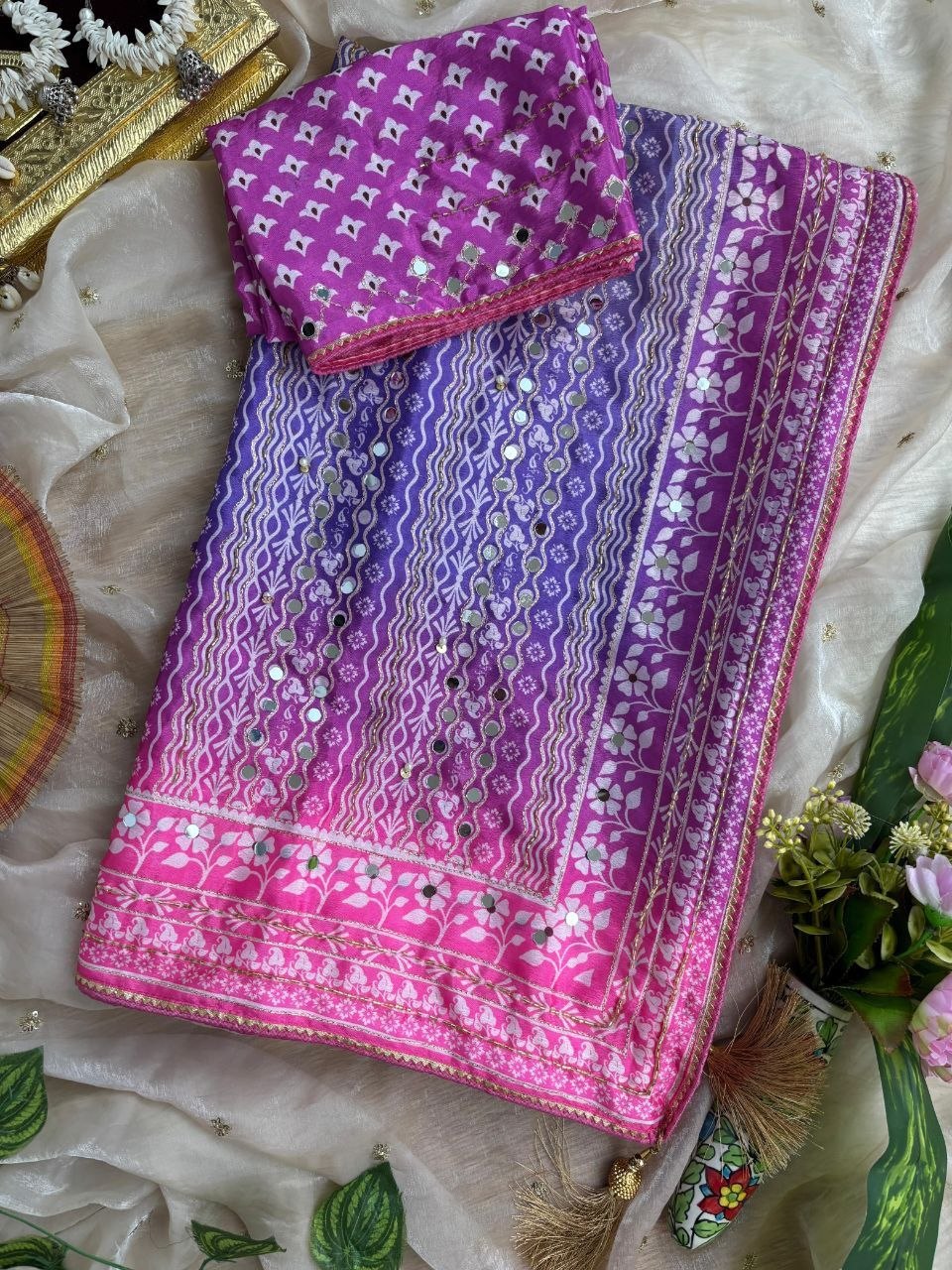 Soft Chinon Silk Designer Saree Mirror work and Hand Aari Work