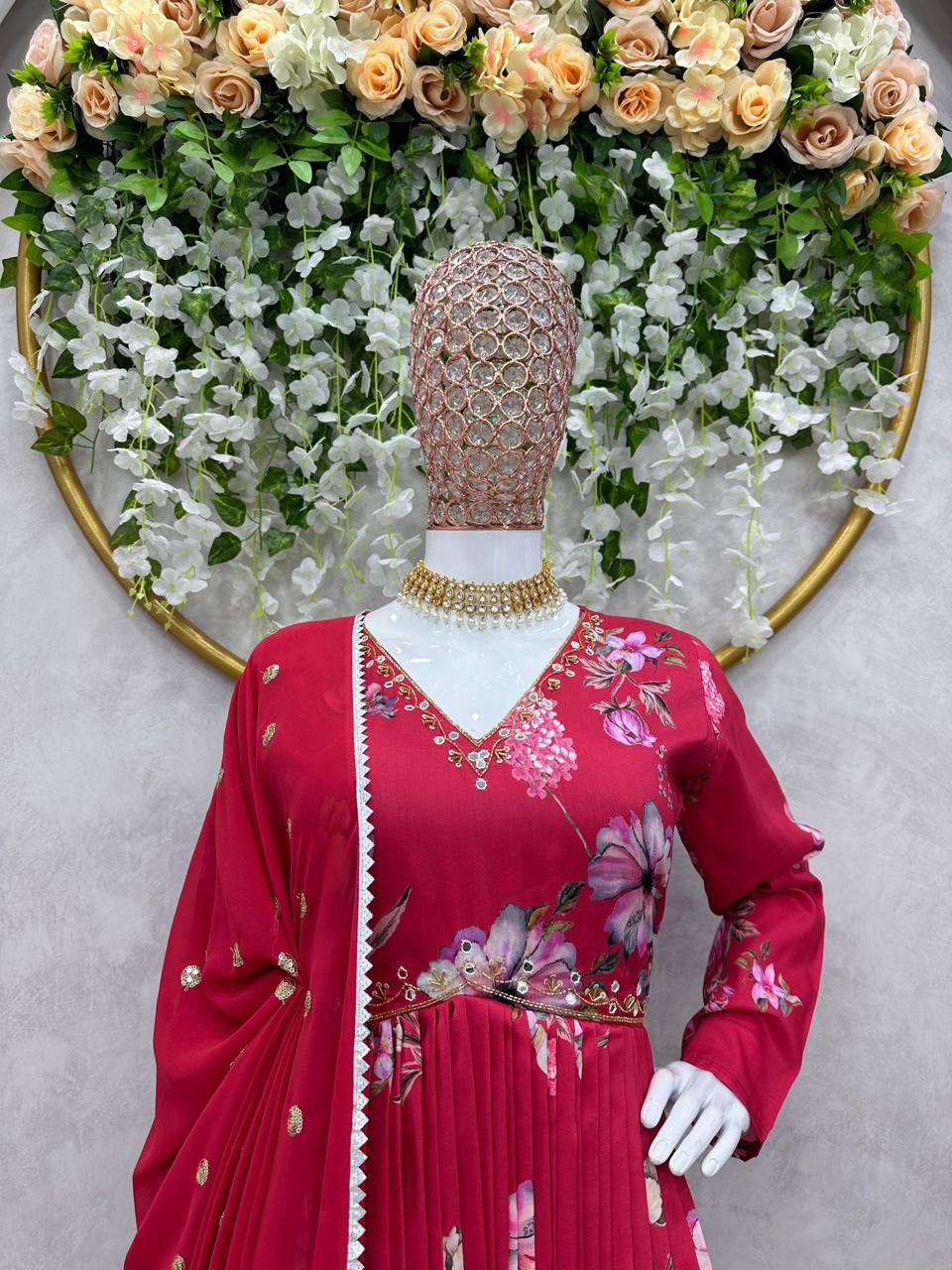 Admirable Designer Red Color Digital Printed Hand Work Nyra Cut Salwar Suit