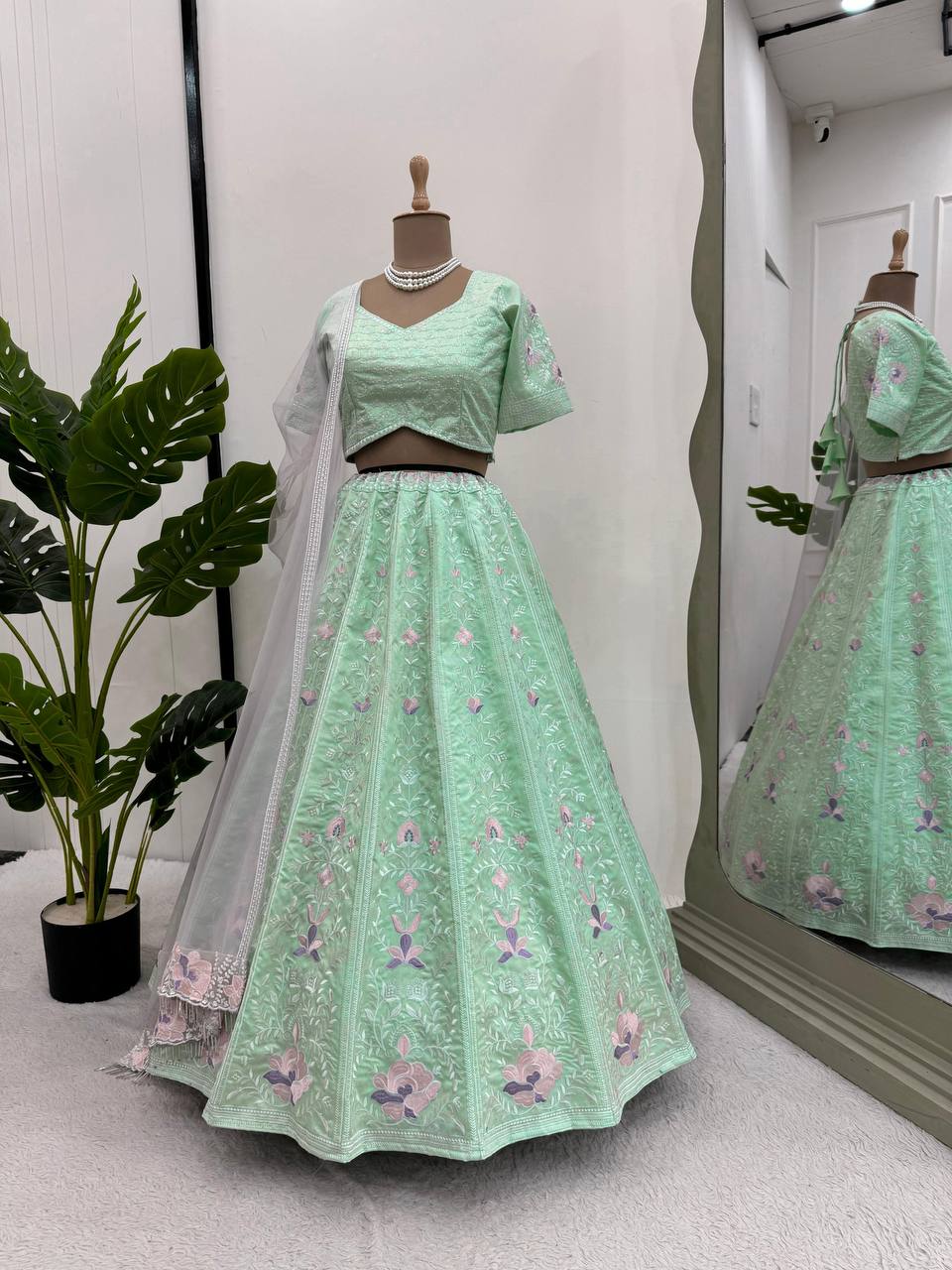 Latest Sea Green Color Mono Banglori Sequence Work Lehenga Choli