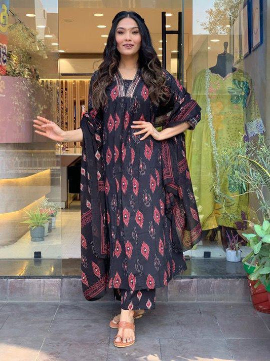 Black Color Cotton Embroidery Printed Work Salwar Suit For Women
