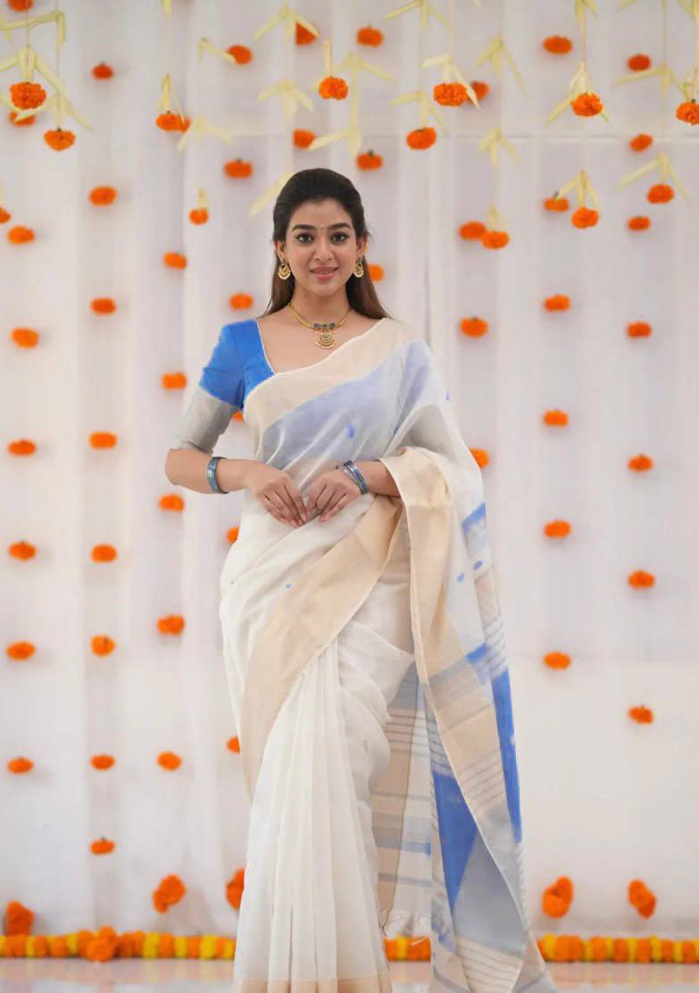 Exquisite Soft Linen Slub Saree with Rich Jacquard Artistry