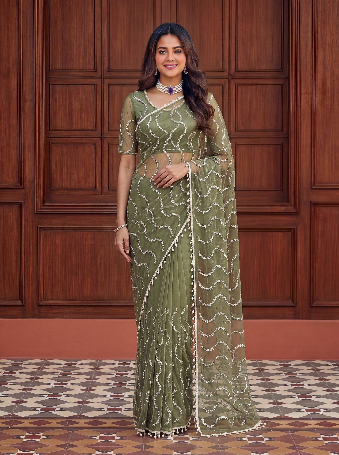 Designer Net Embroidered Saree with Beads Sequins & Pearl Work