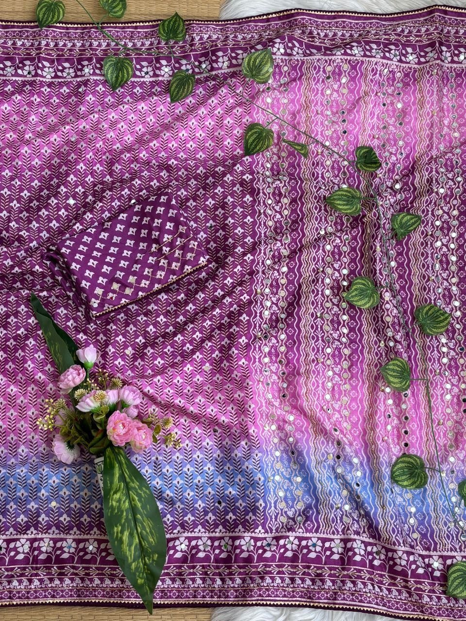 Soft Chinon Silk Designer Saree Mirror work and Hand Aari Work