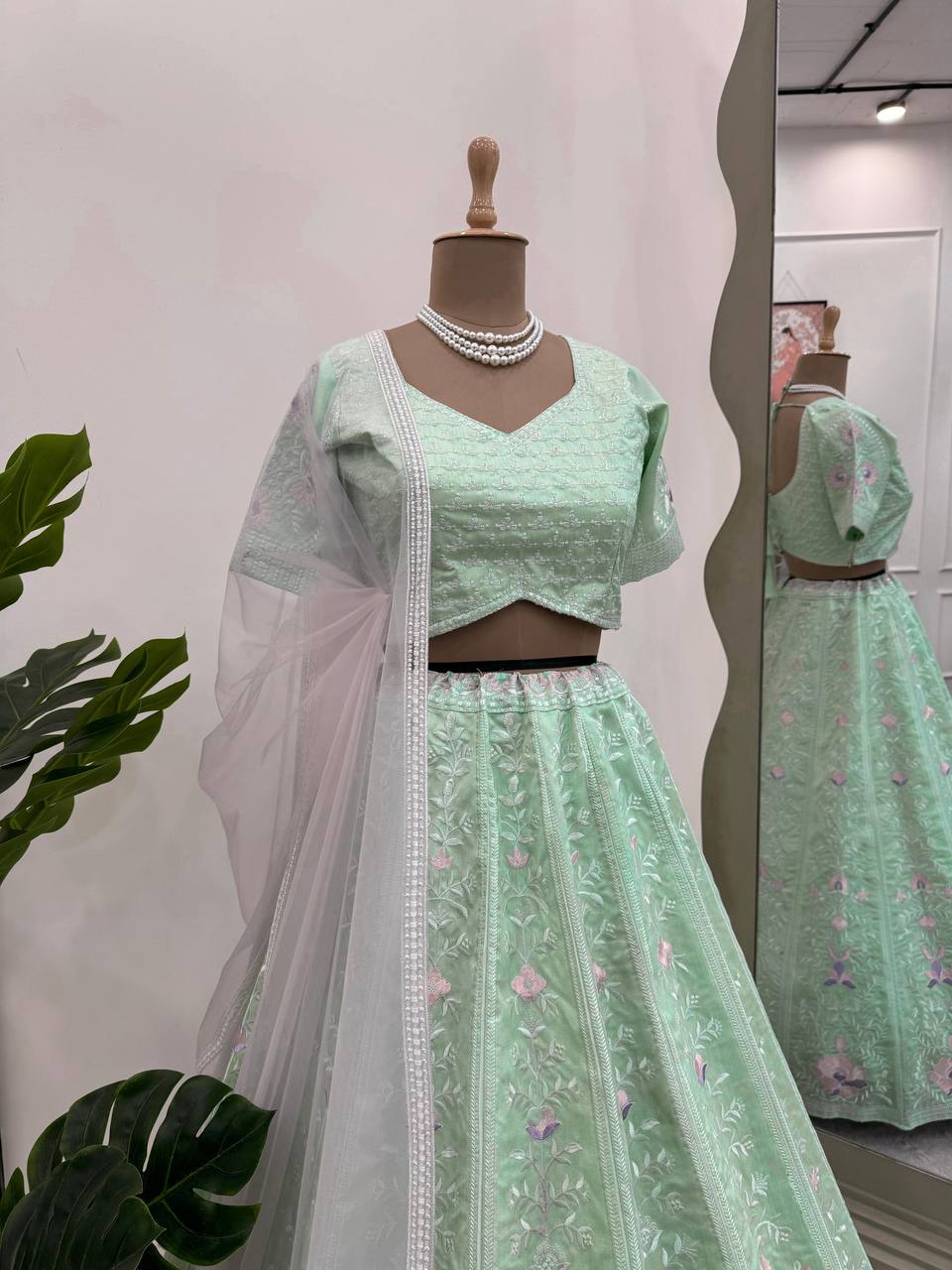 Latest Sea Green Color Mono Banglori Sequence Work Lehenga Choli