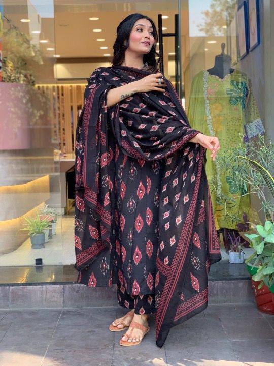 Black Color Cotton Embroidery Printed Work Salwar Suit For Women