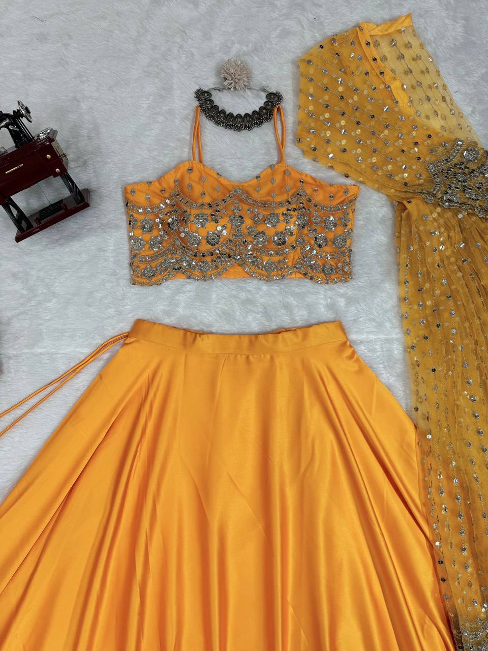 Amazing Yellow Color Sequence Work Japan Satin Lehenga Choli With Koti