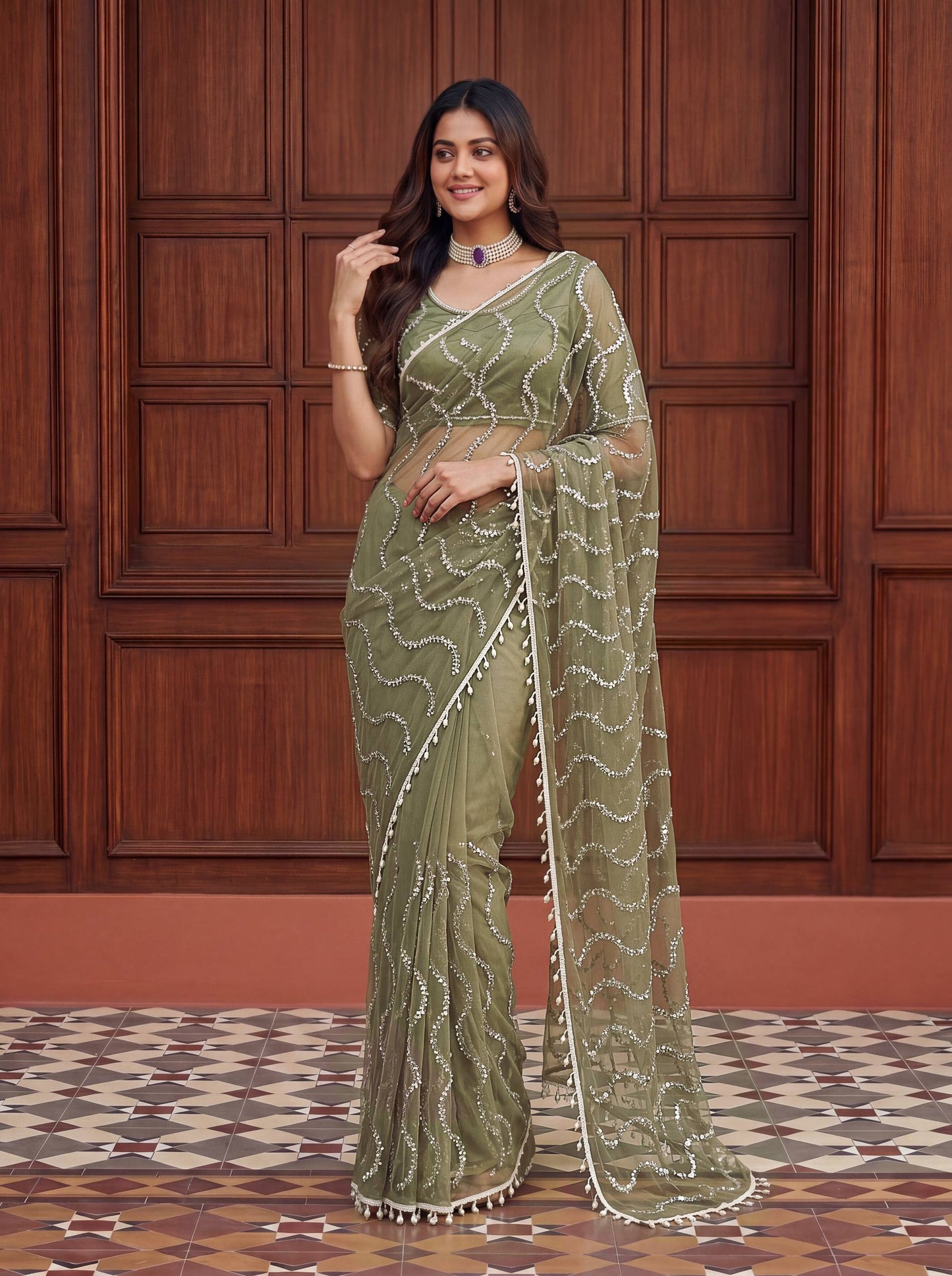 Designer Net Embroidered Saree with Beads Sequins & Pearl Work
