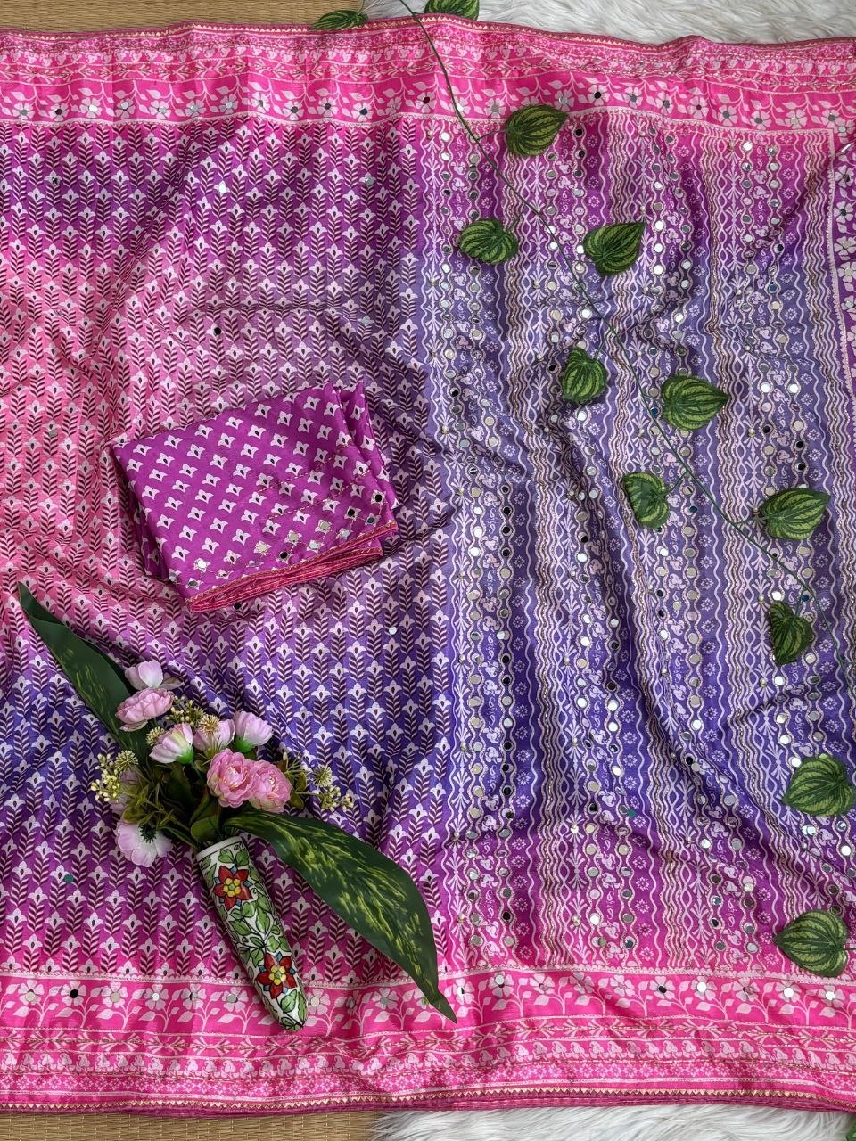 Soft Chinon Silk Designer Saree Mirror work and Hand Aari Work