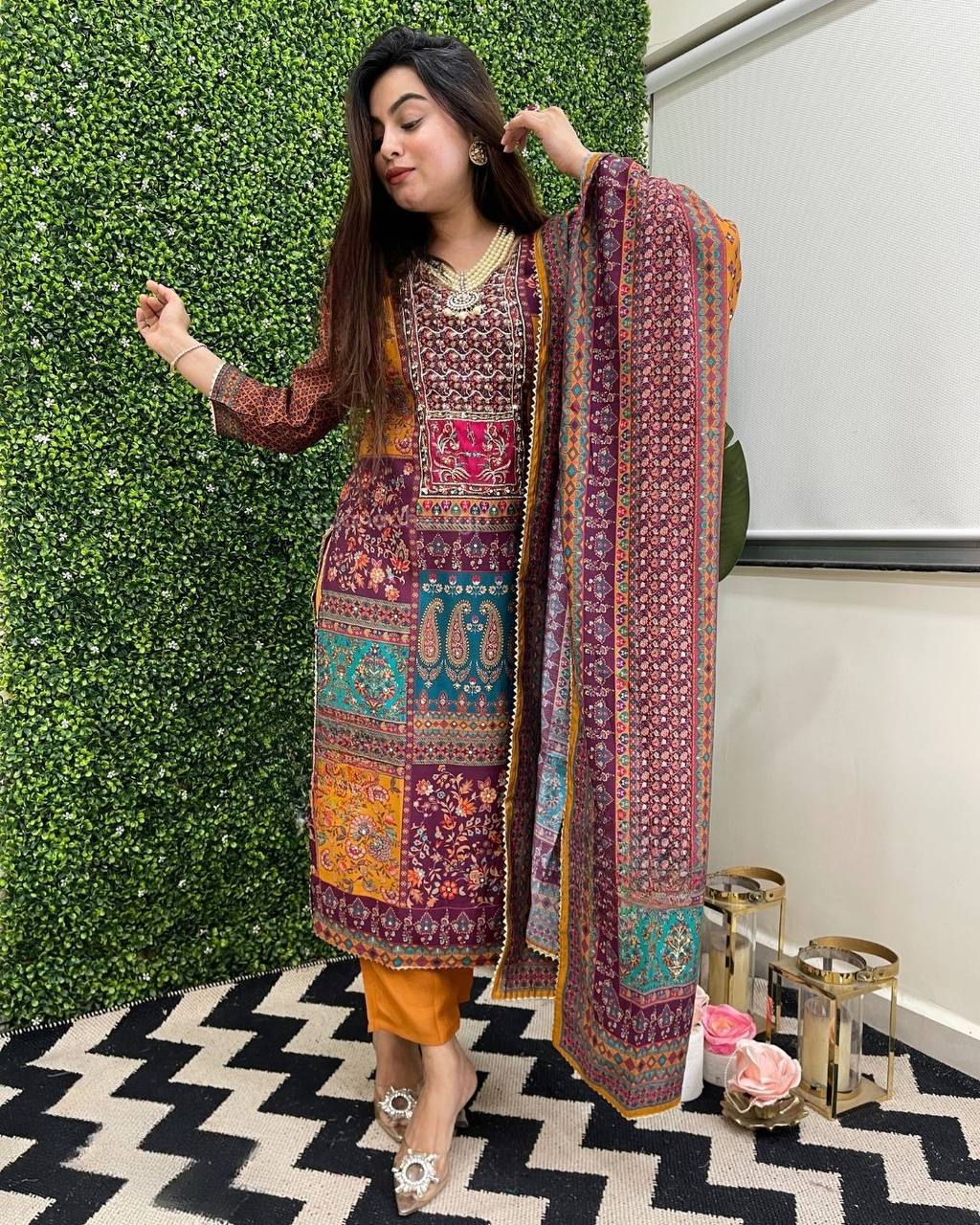 Pretty Muslin Mirror Printed Work Ready Made Salwar Suit For Women
