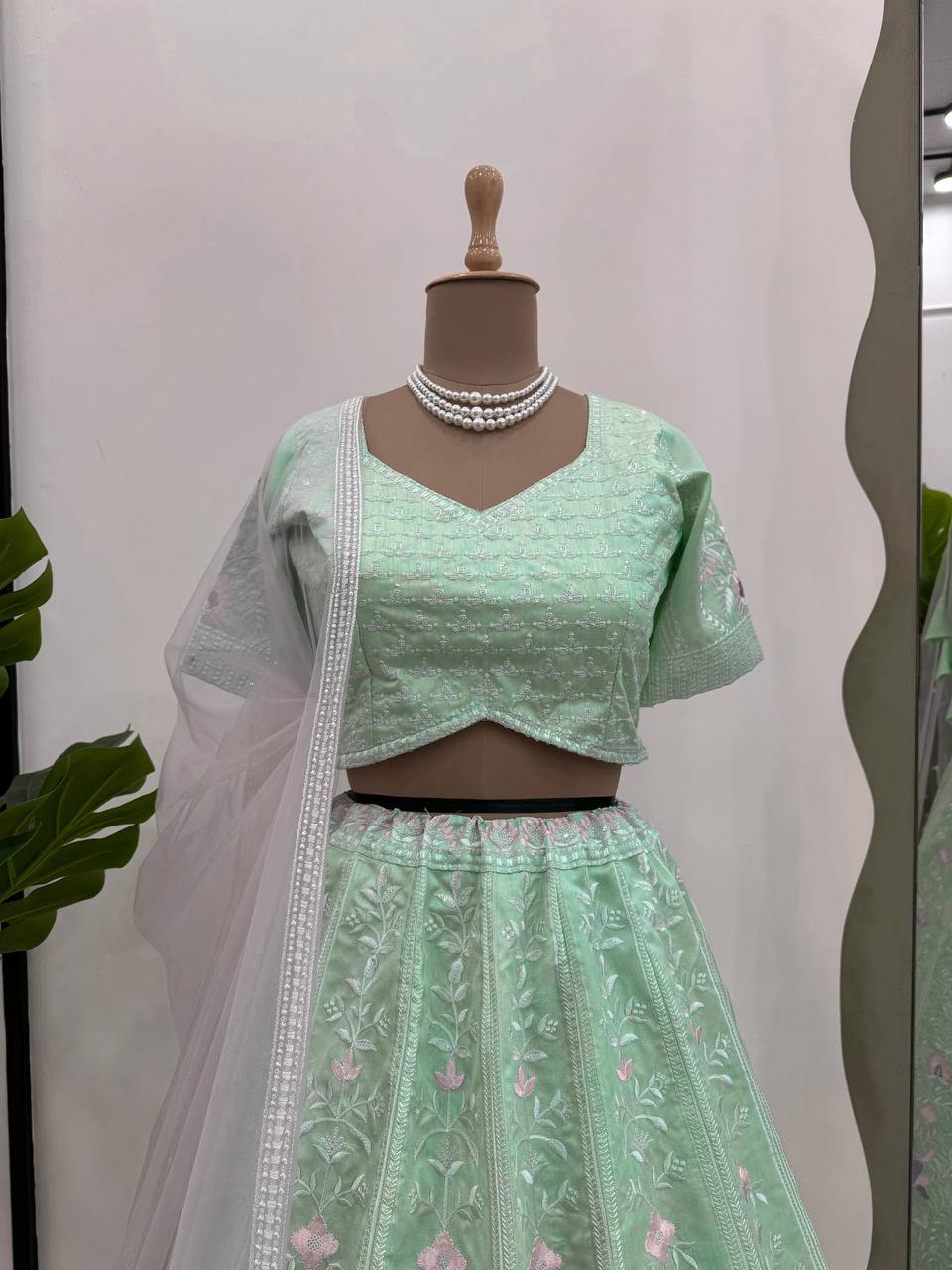 Latest Sea Green Color Mono Banglori Sequence Work Lehenga Choli