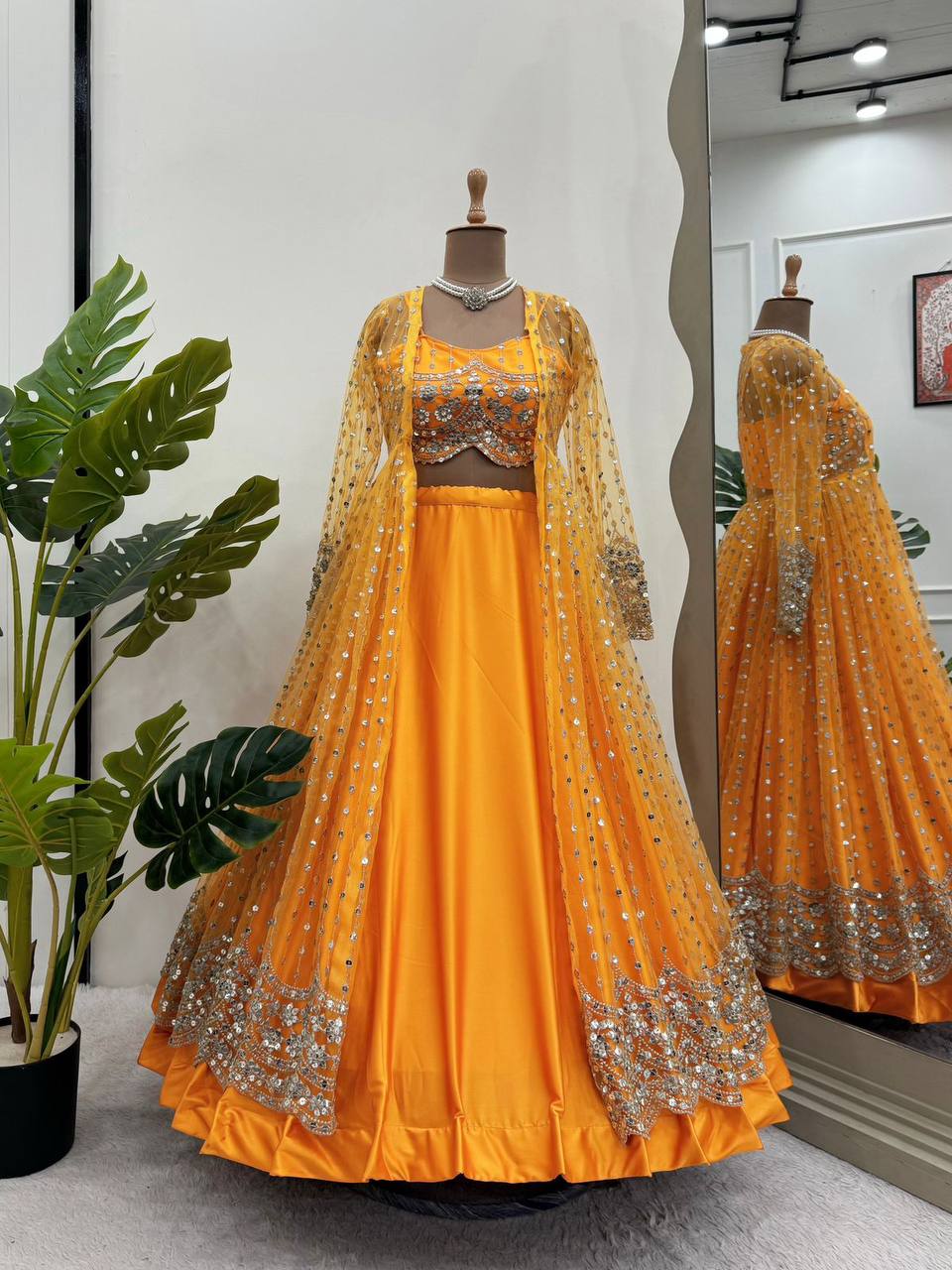 Amazing Yellow Color Sequence Work Japan Satin Lehenga Choli With Koti