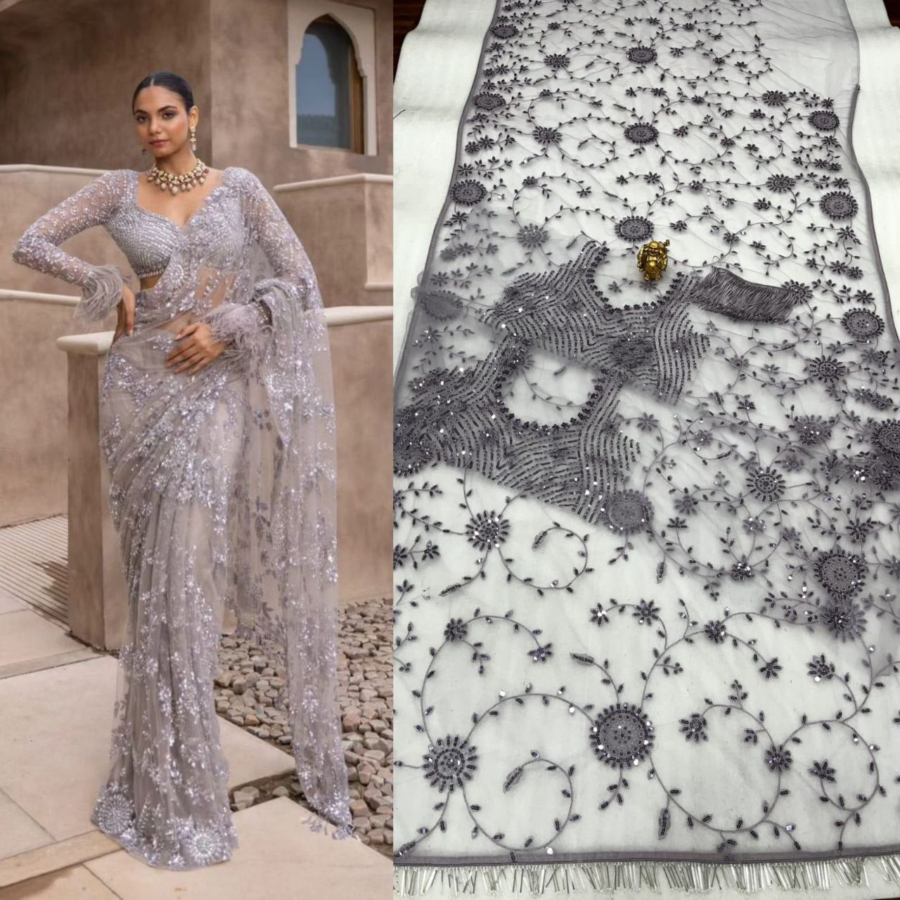 Heavy Mono Net Embroidery Saree