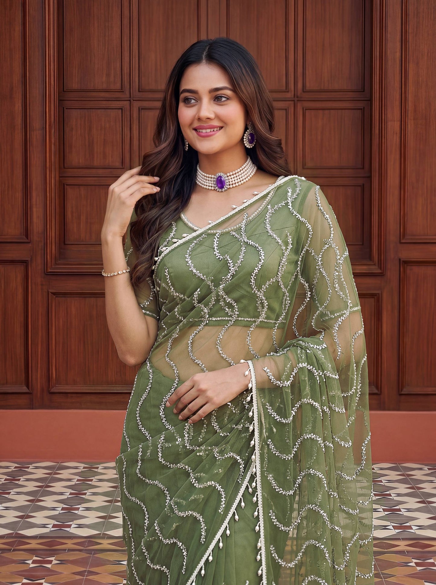 Designer Net Embroidered Saree with Beads Sequins & Pearl Work
